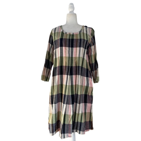 Gudrun Sjoden Women's Dress Cotton Linen Plaid Multicolor Midi Dress Lagenlook - Picture 2 of 9